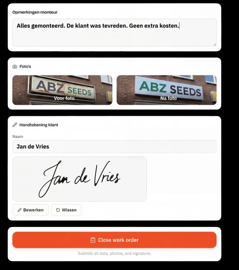 Werkbon afronding met foto en handtekening