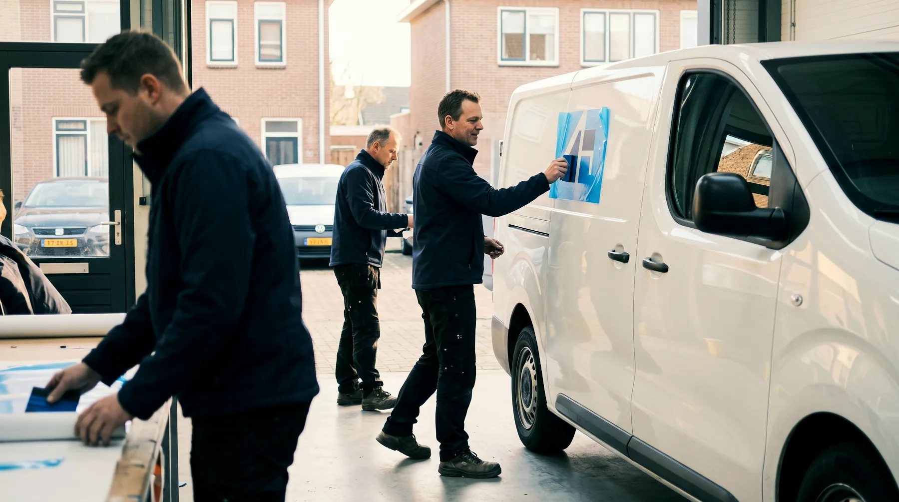 Twee mensen brengen folie aan op de zijkant van een bestelbus in de werkplaats