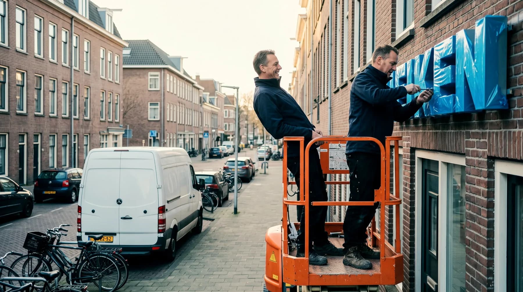 Twee monteurs bevestigen ingepakte gevelletters vanaf een hoogwerker aan een winkelpand