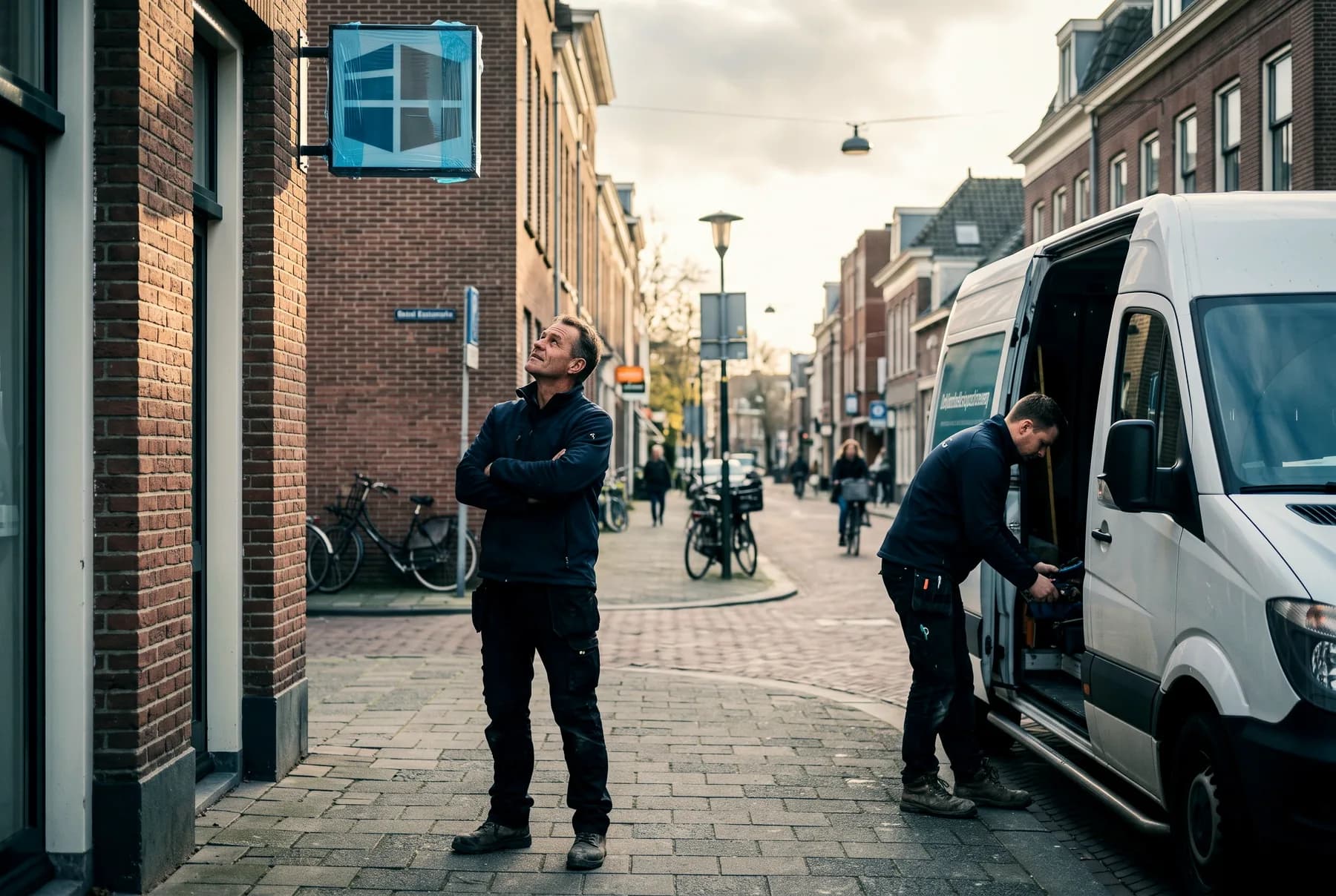Twee signmakers staan op de stoep en kijken omhoog naar de gevel waar hun werk komt te hangen