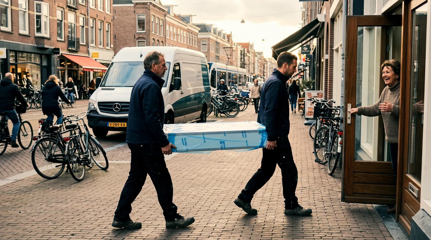 Twee monteurs dragen een lichtbak van de bus naar een winkelpui in een Nederlandse winkelstraat