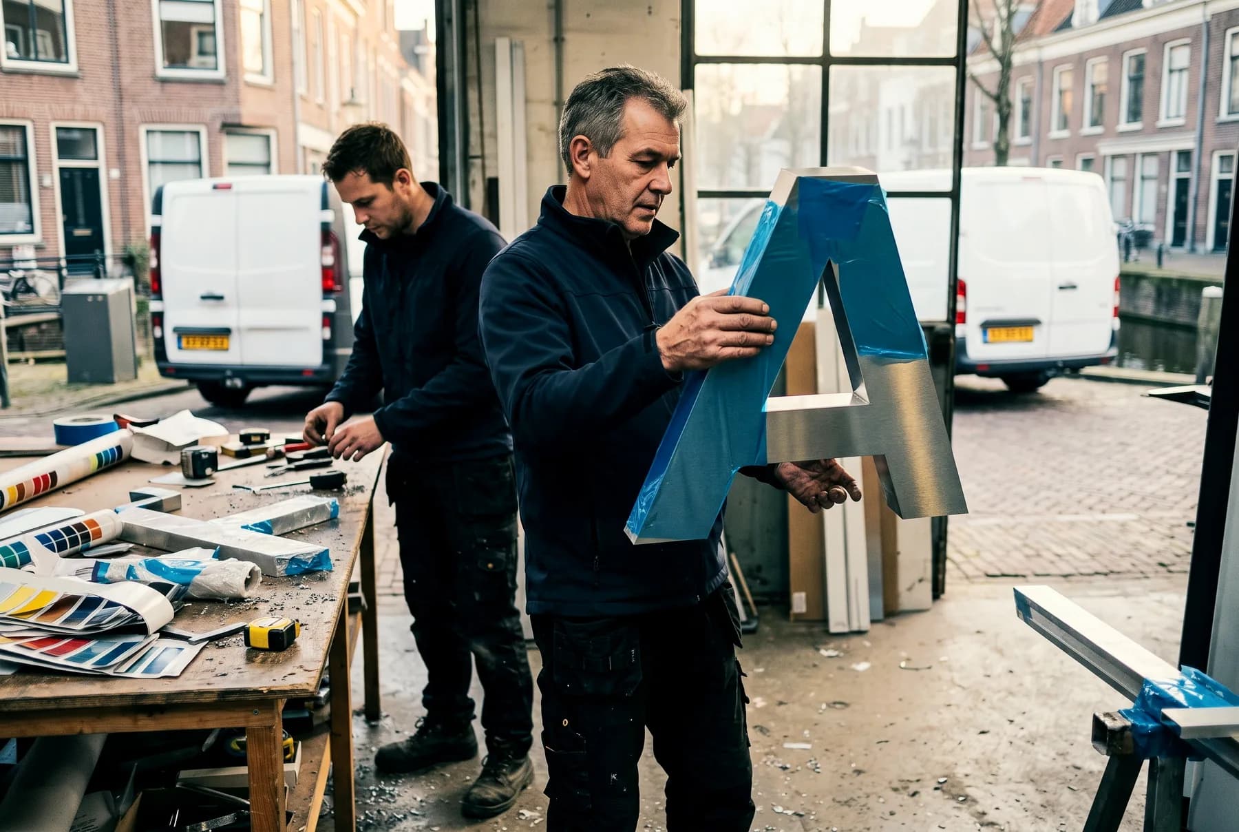 Een signmaker houdt een gevelletter onder beschermfolie vast aan de werkbank, zijn collega werkt ernaast tussen kleurwaaiers