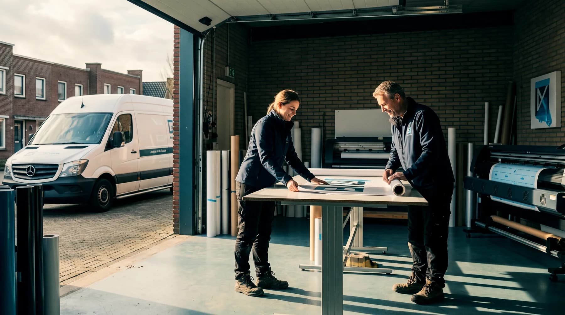 Twee collega's kijken samen naar een laptop op de werkbank, tussen rollen folie en de plotter