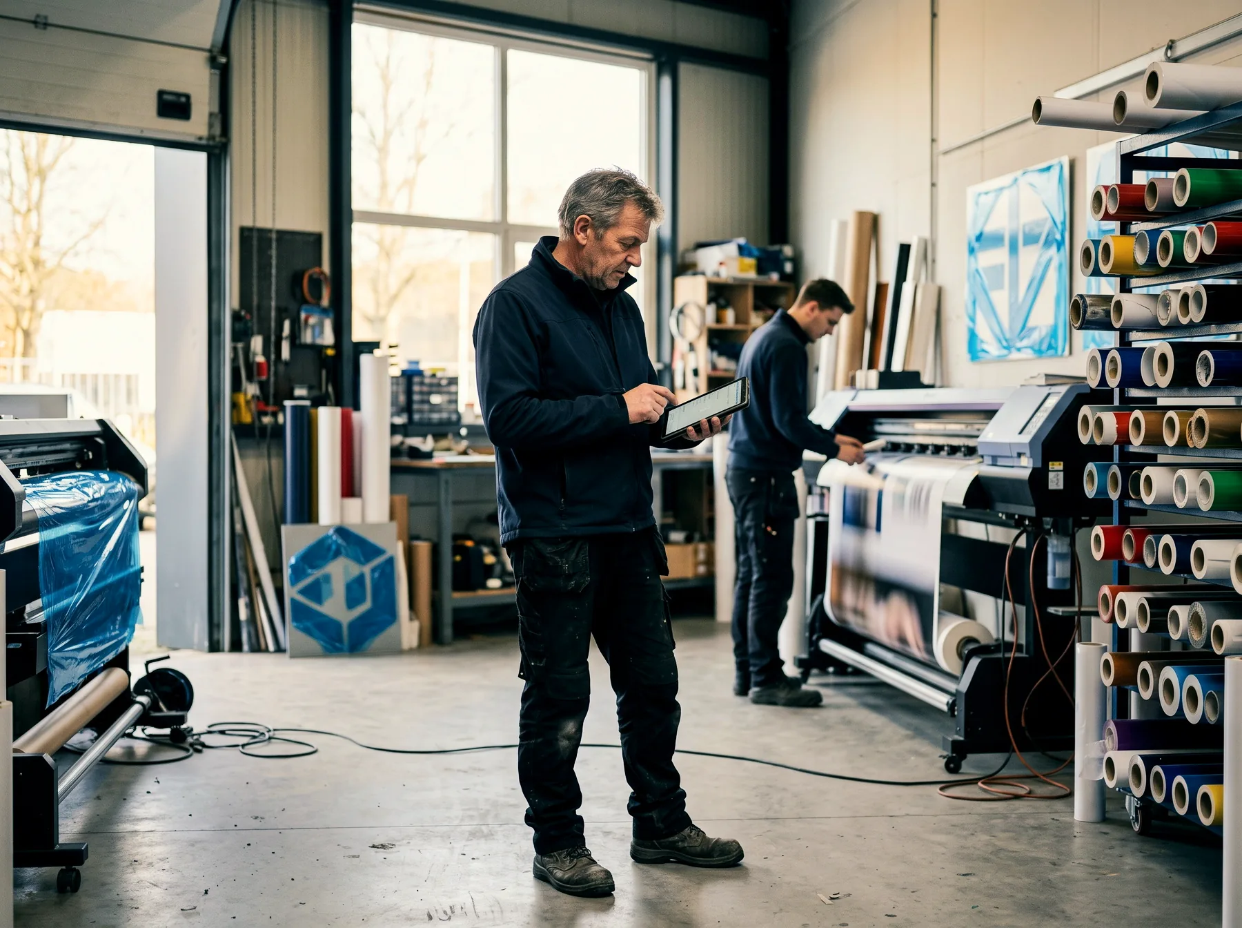 Ondernemer op de werkvloer kijkt tussen twee klussen door op een tablet