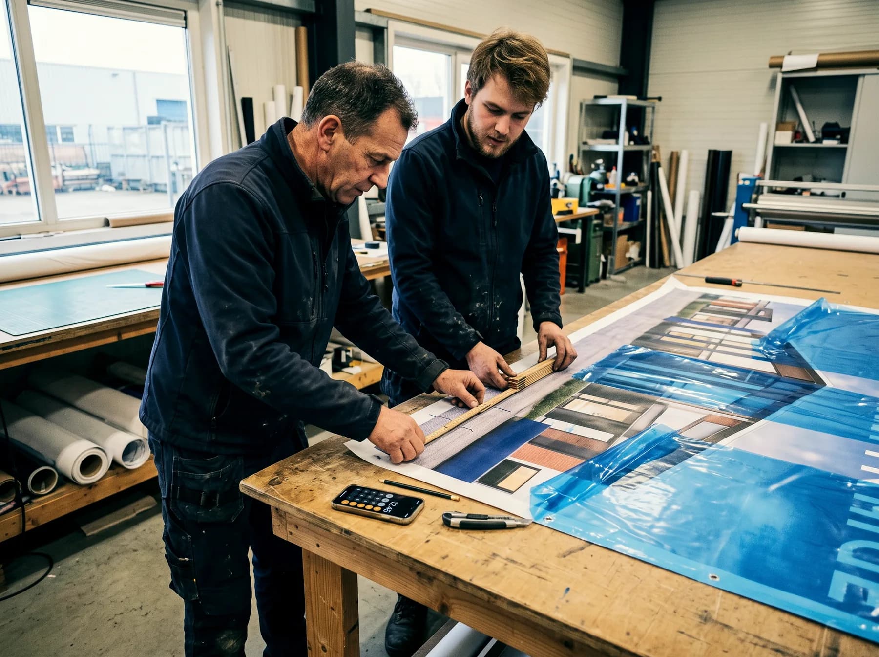Handen met een duimstok op een groot spandoek op de snijtafel
