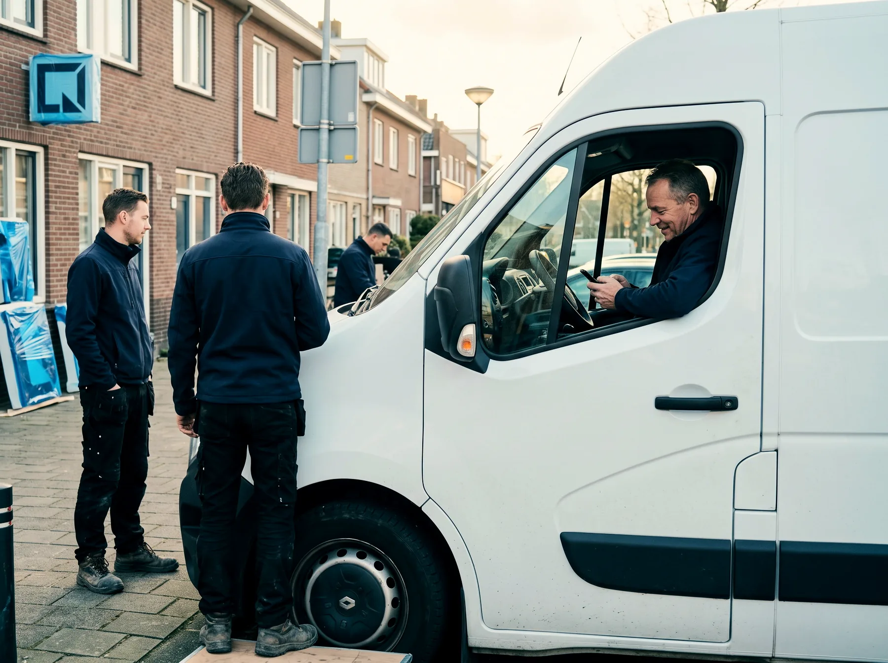 Ondernemer typt een kort bericht op zijn telefoon in de cabine van de bus