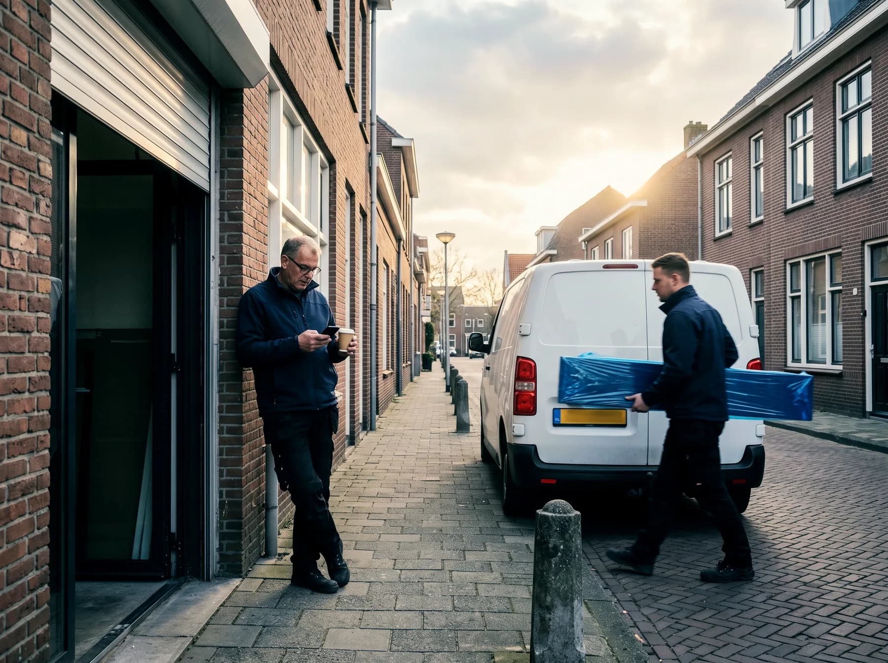 Ondernemer leest zijn telefoon bij de roldeur met koffie