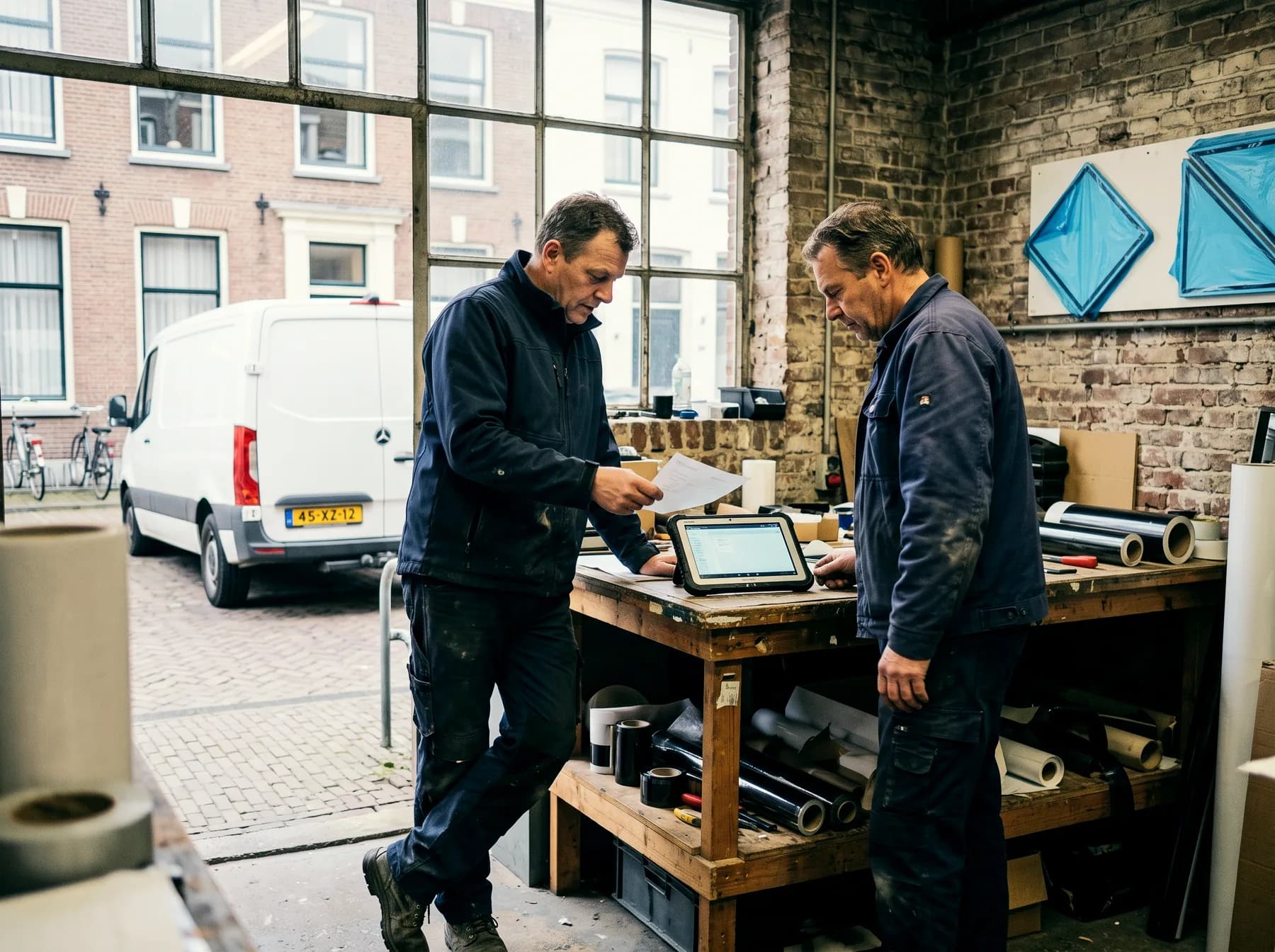 Monteur geeft een pakbon aan de ondernemer in de werkplaats