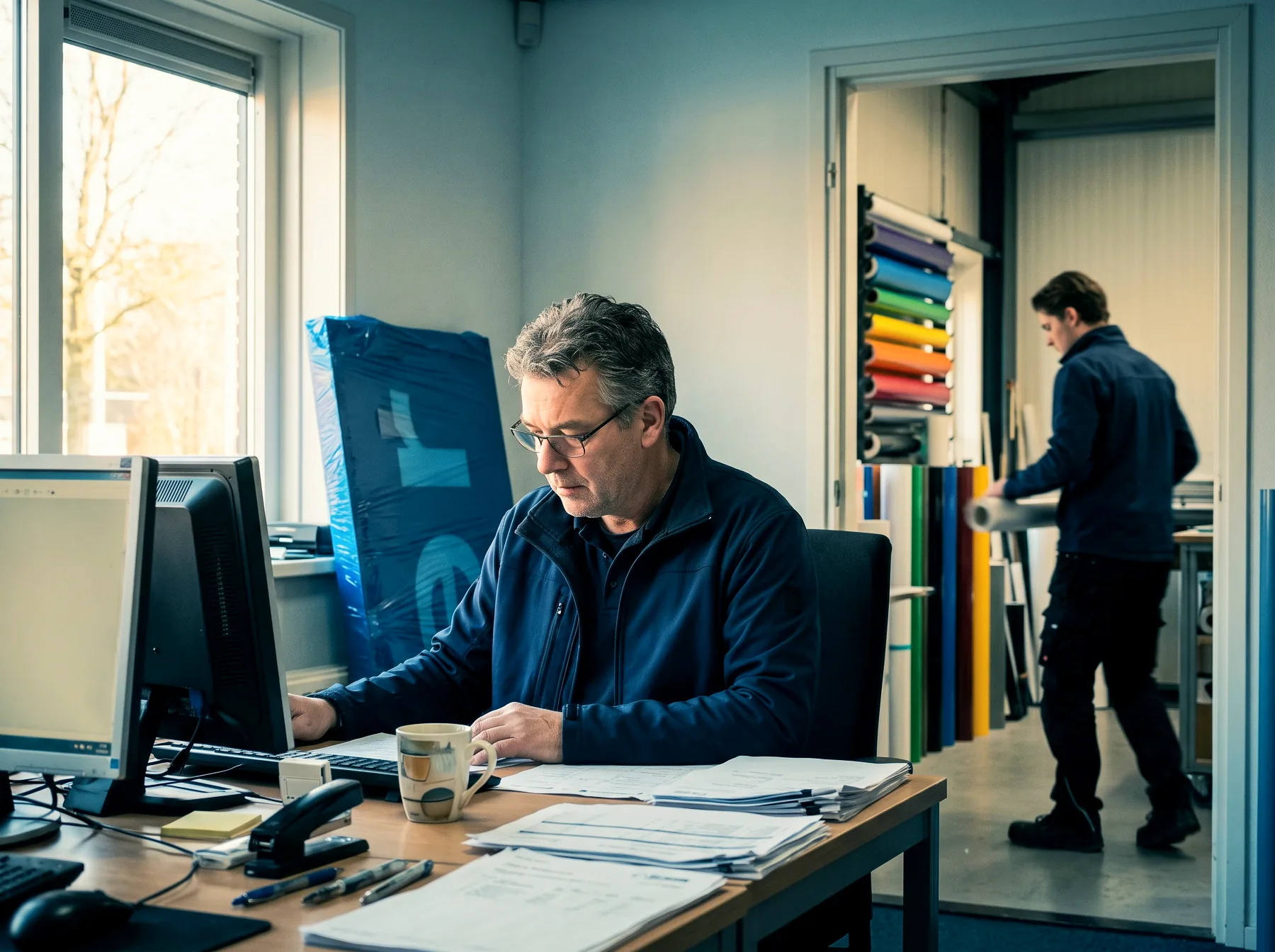 Ondernemer aan het bureau met één scherm en een mok, rustige ochtend