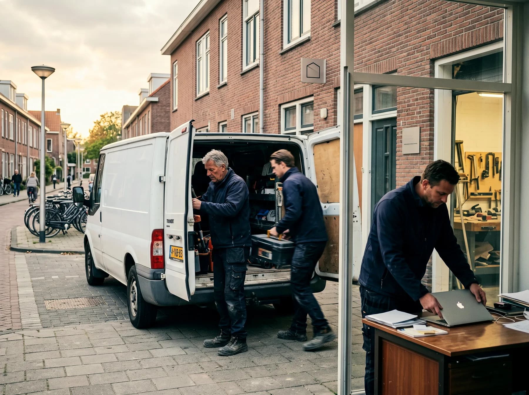 Ondernemer klapt aan het eind van de dag de laptop dicht, werkplaats achter glas