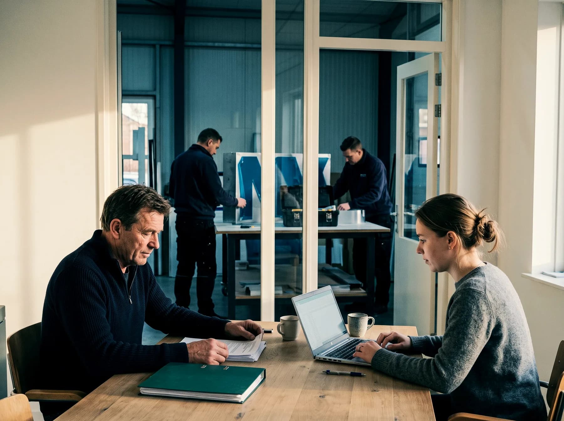 Ondernemer en boekhouder aan één tafel met één laptop