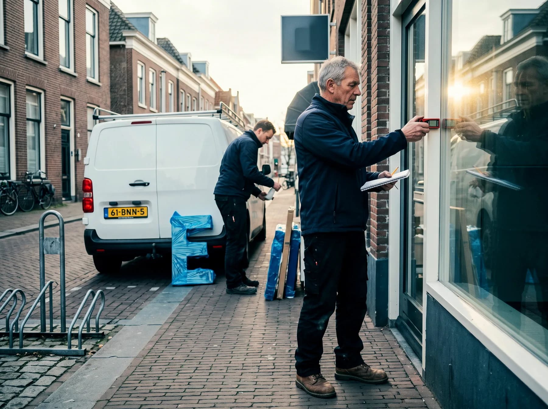 Ondernemer meet een winkelpui op met een laserafstandsmeter