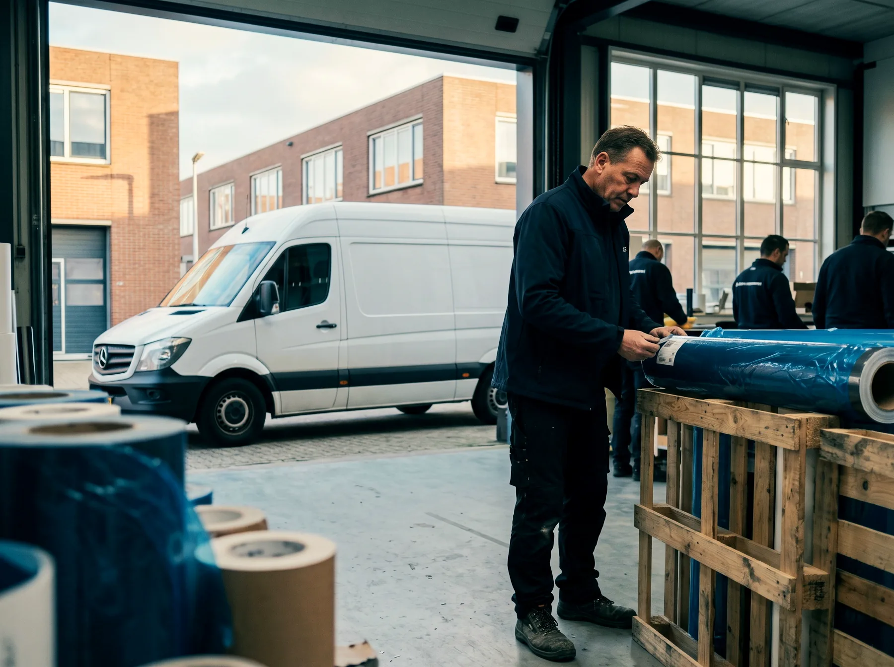 Monteur pakt een levering folierollen uit in de werkplaats
