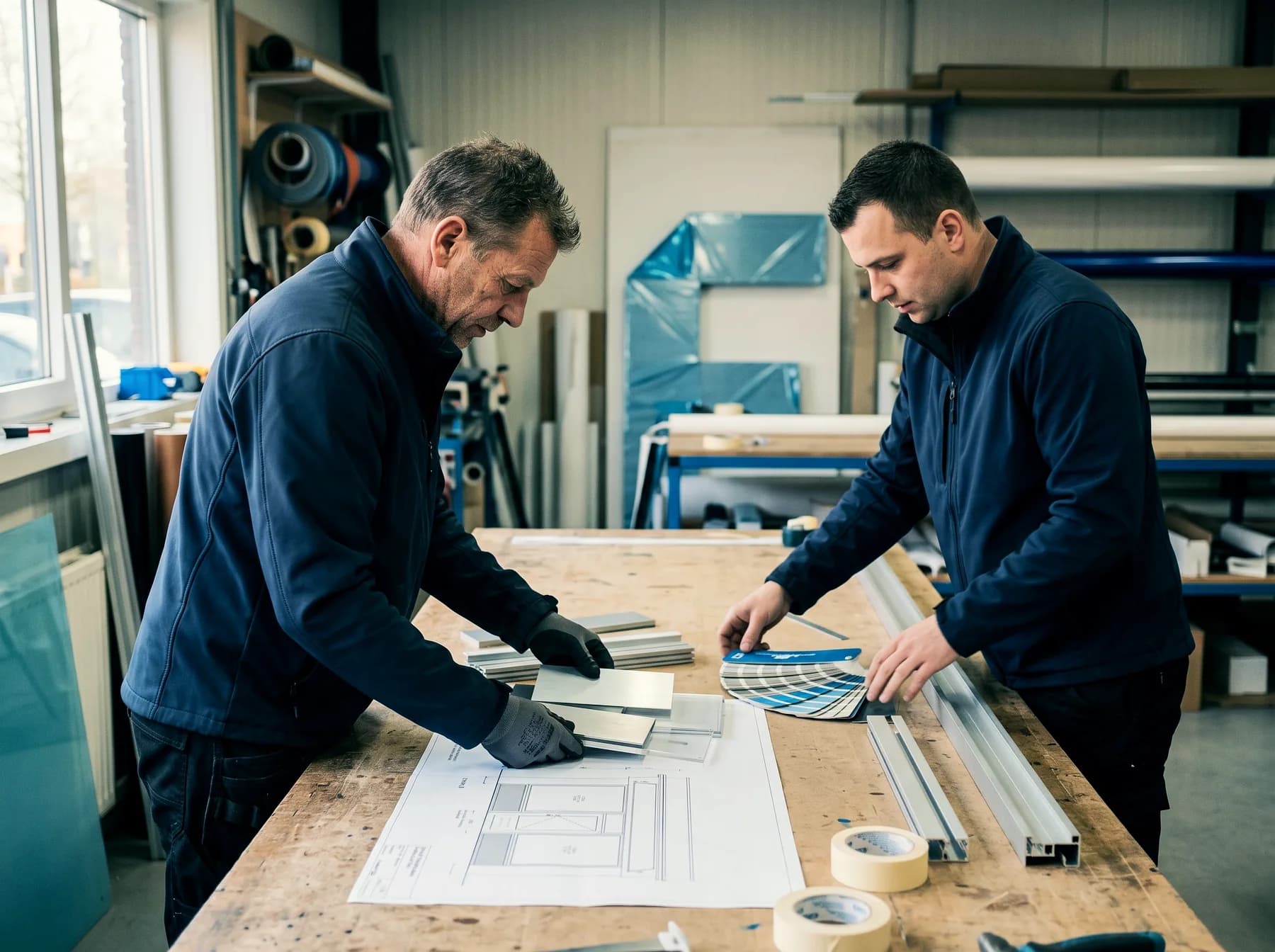 Handen leggen aluminium- en acrylaatmonsters op een tekening van de pui