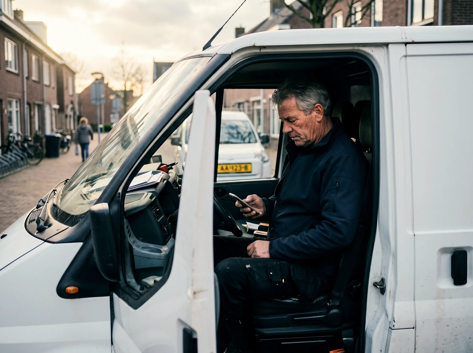 Monteur bekijkt achter het stuur de klus van vandaag op zijn telefoon