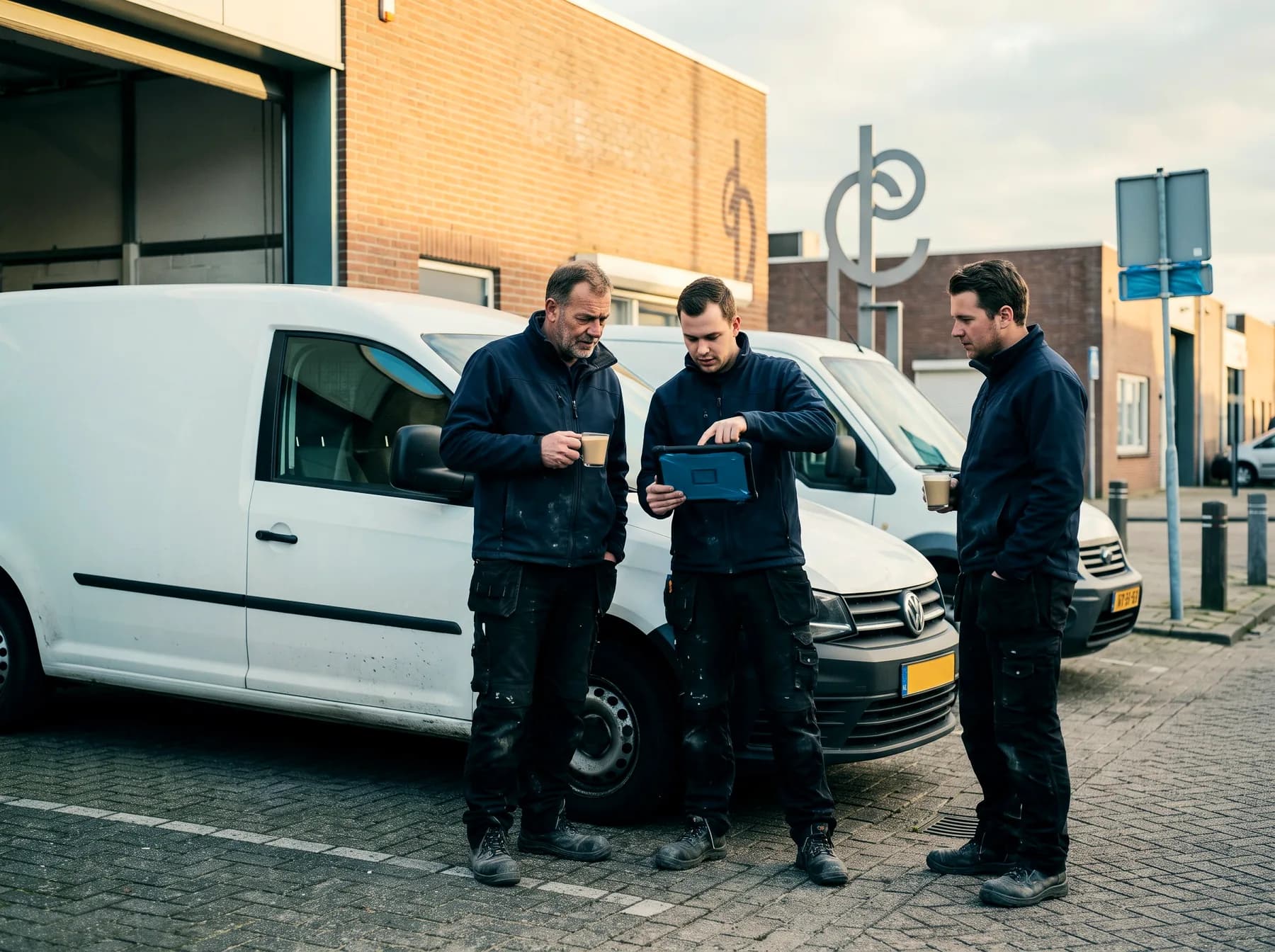 Drie monteurs bij de werkplaatsdeur in de ochtend, een wijst op een tablet
