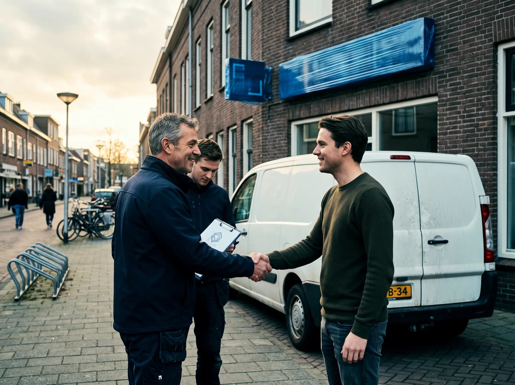 Klant en signmaker schudden elkaar de hand op de stoep voor het nieuwe bord