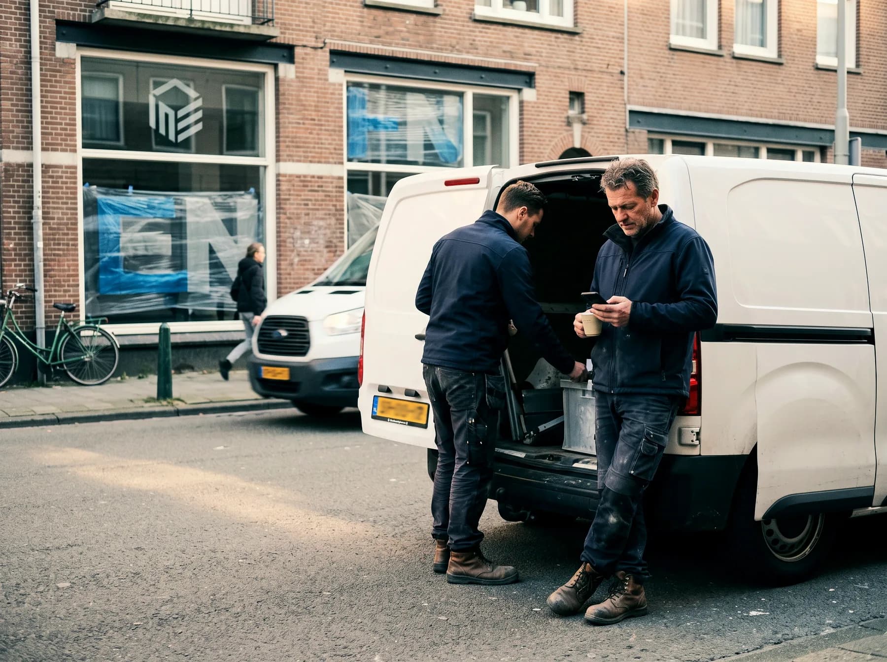 Ondernemer leunt met koffie tegen de bus en kijkt even op zijn telefoon