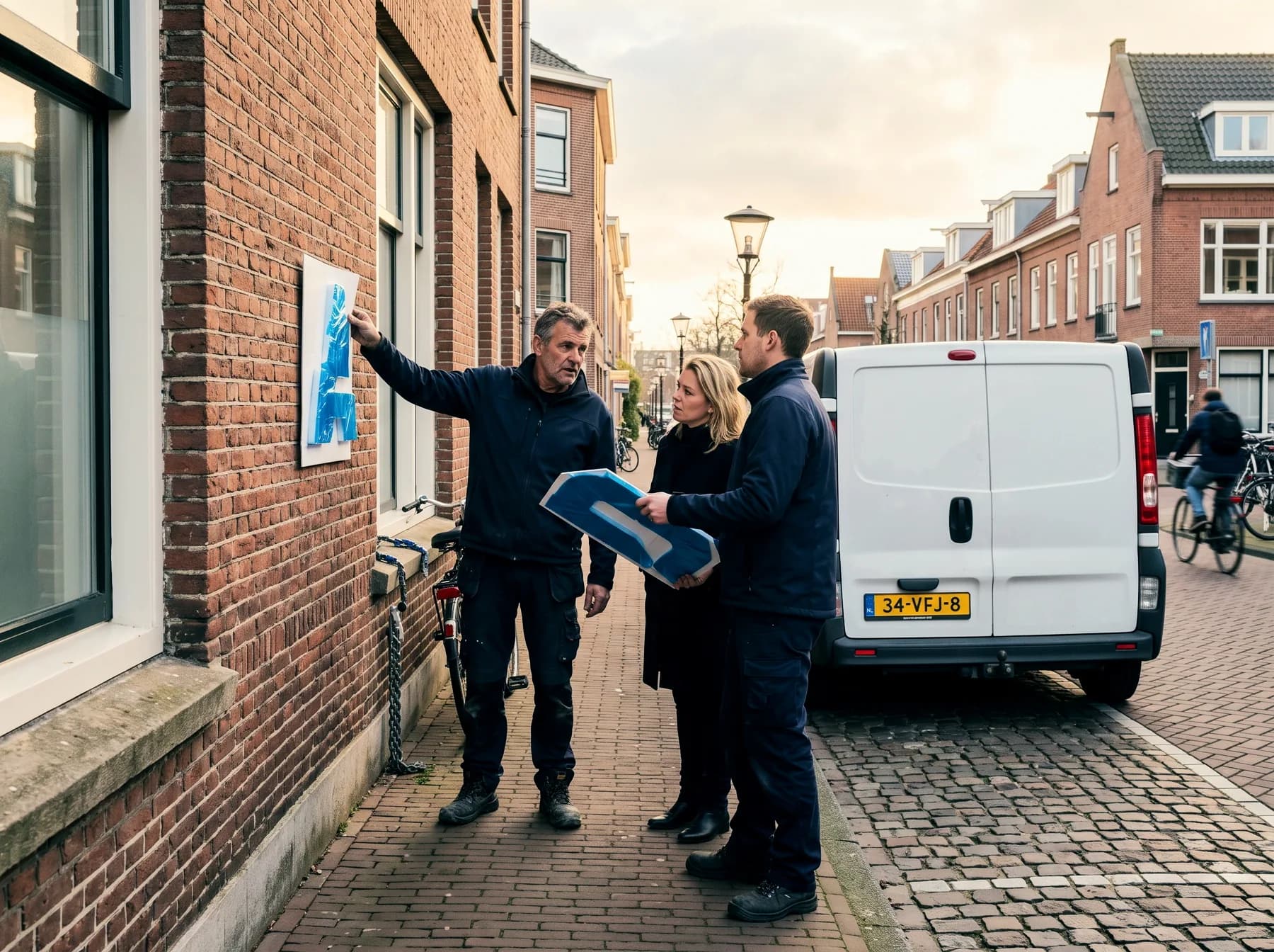 Monteur houdt een geprinte proef tegen de gevel, de klant kijkt mee