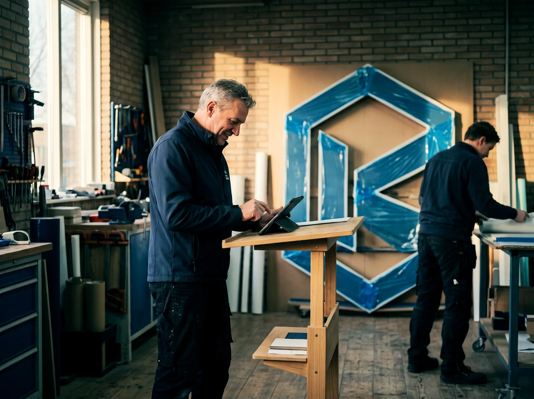 Ondernemer tikt één keer op de tablet aan de werkbank, een afgewerkt bord leunt tegen de muur