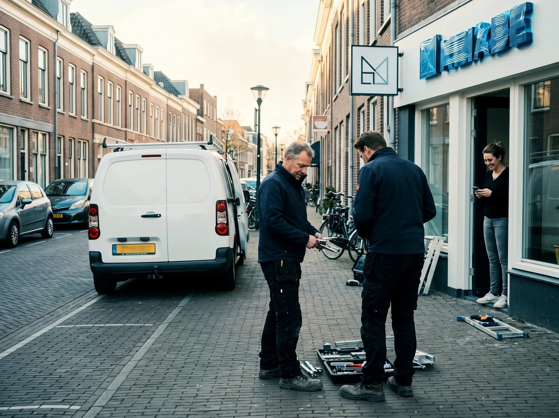 Winkelier kijkt in haar deuropening op haar telefoon, het nieuwe bord hangt net