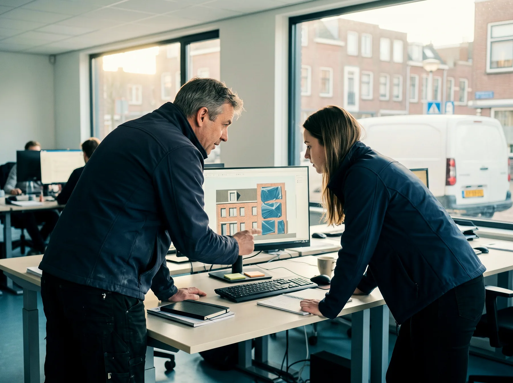 Ontwerper laat een collega een gevelvisualisatie op het scherm zien