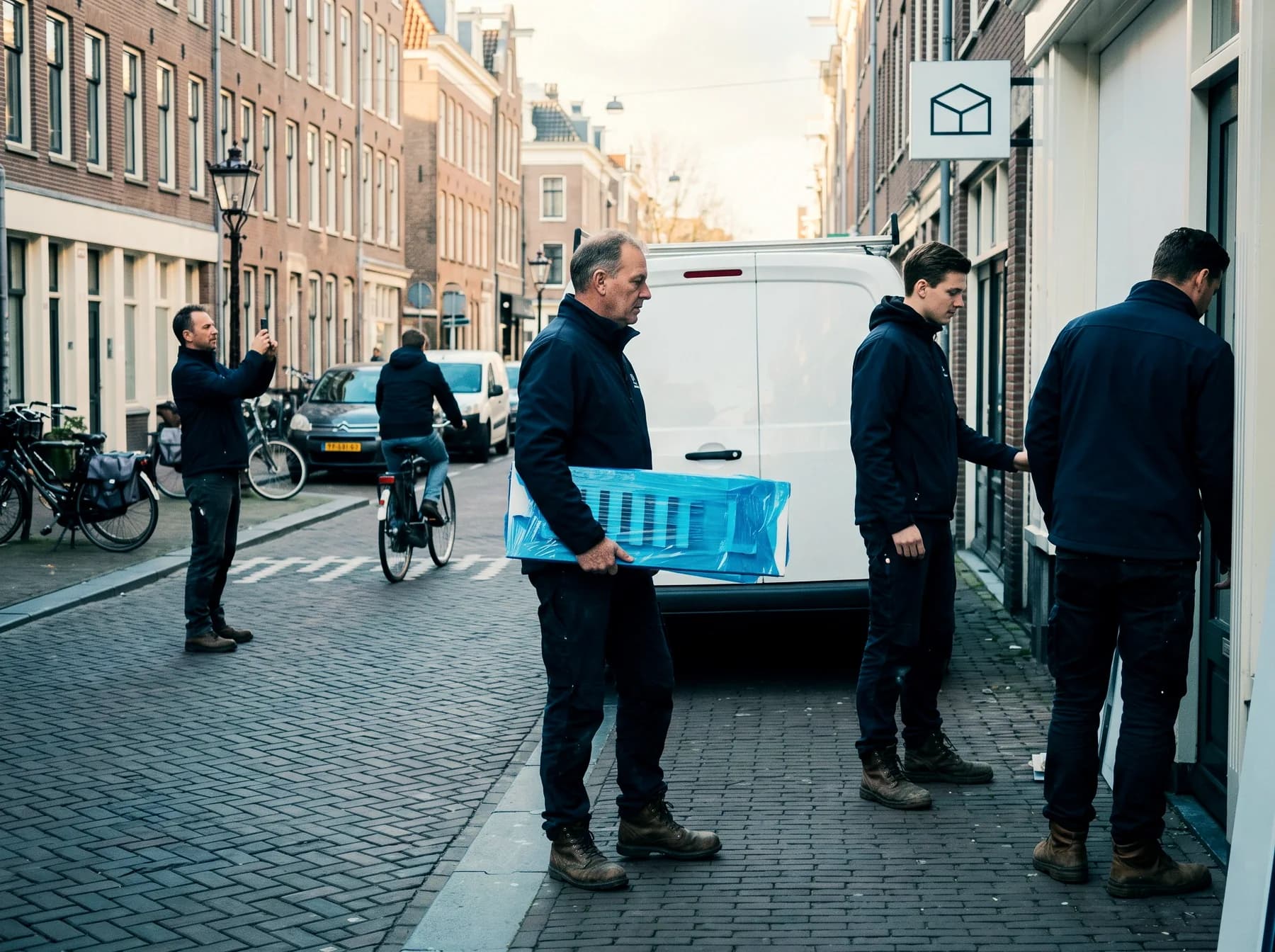 Signmaker fotografeert vanaf de overkant een lege winkelpui met zijn telefoon