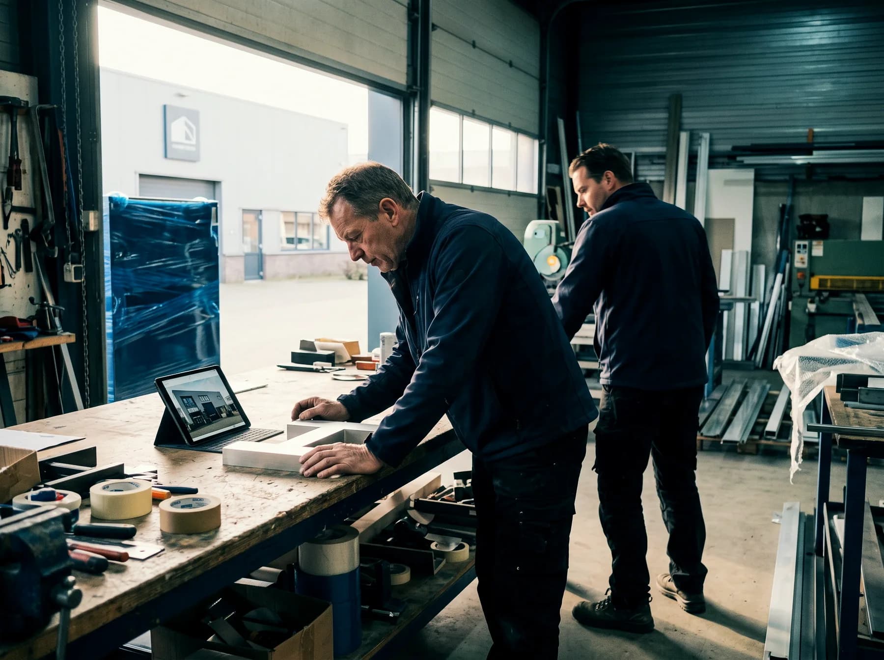 Tablet met gevelfoto op de werkbank naast een echte monsterletter