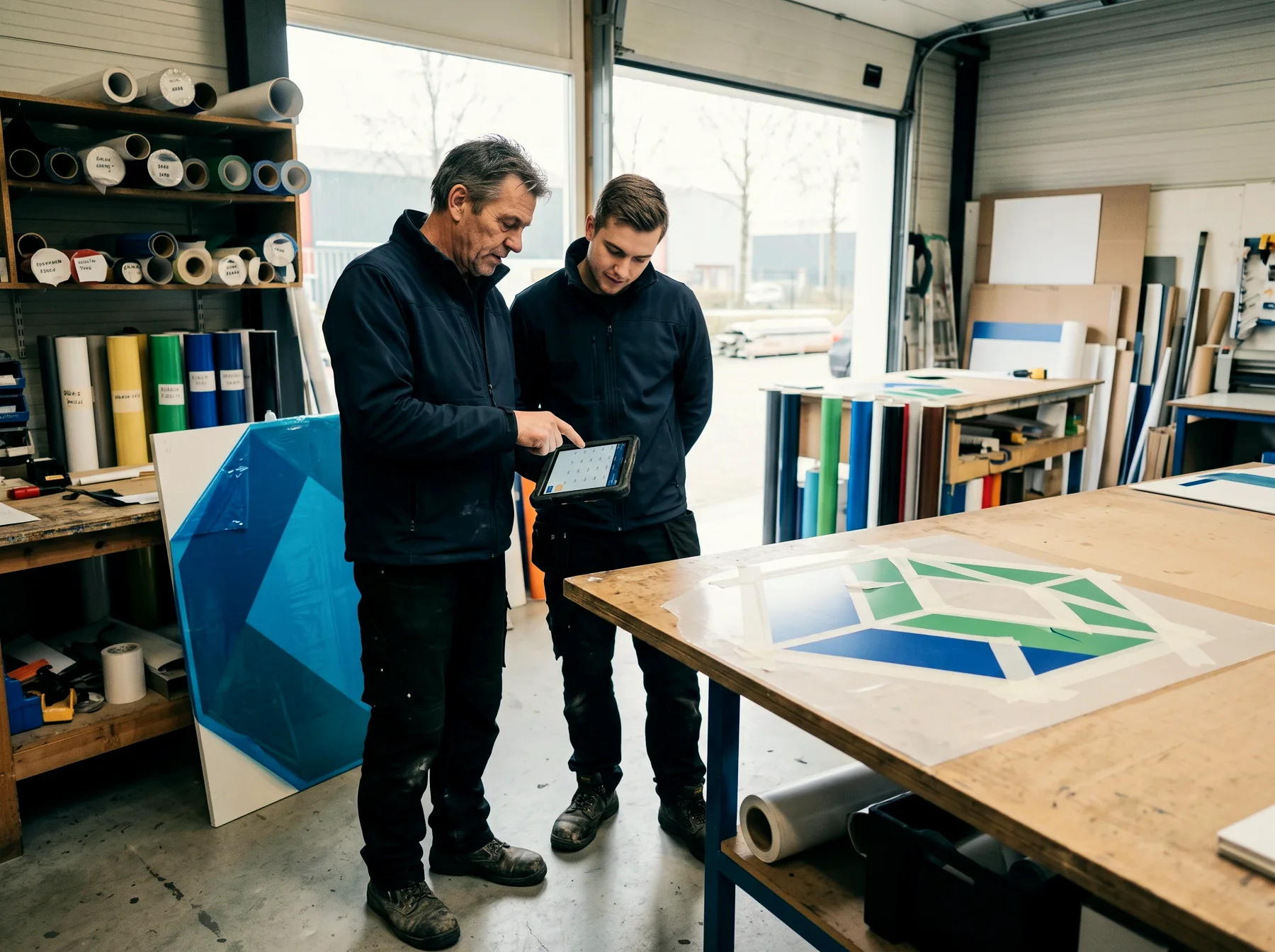 Twee collega’s aan de snijtafel, een wijst een datum aan op de tablet