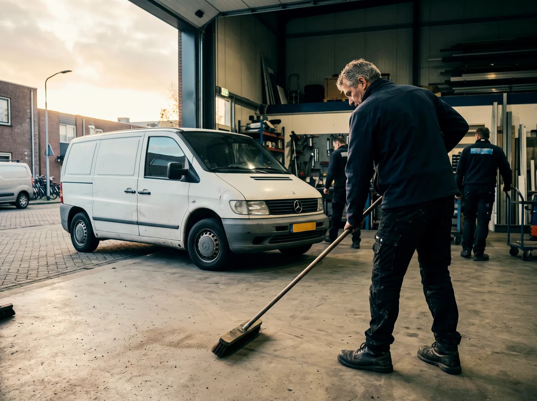 Einde van de dag: monteur veegt de werkplaats, alle bussen terug