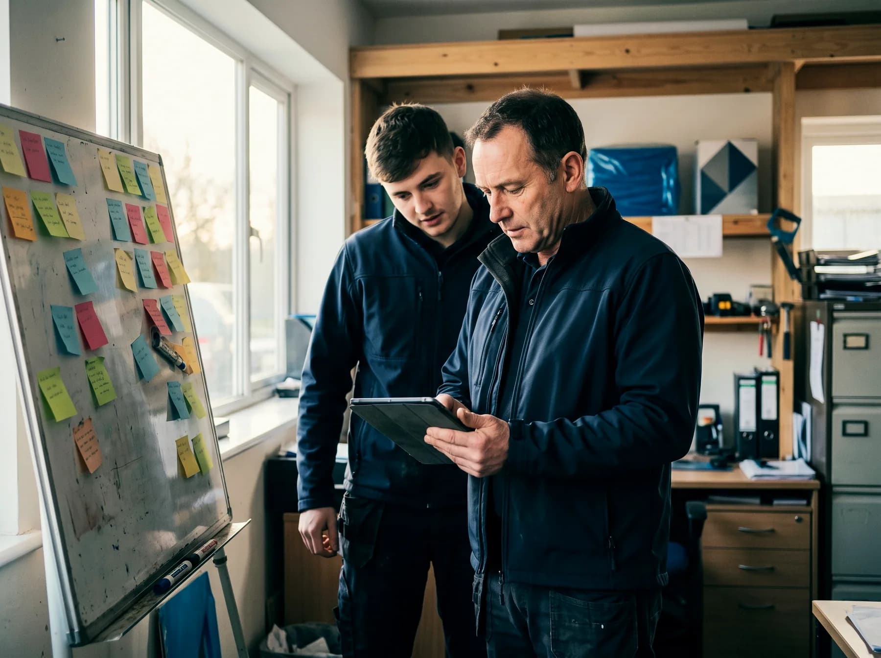 Whiteboard met briefjes maakt plaats voor een tablet in de hand van de ondernemer