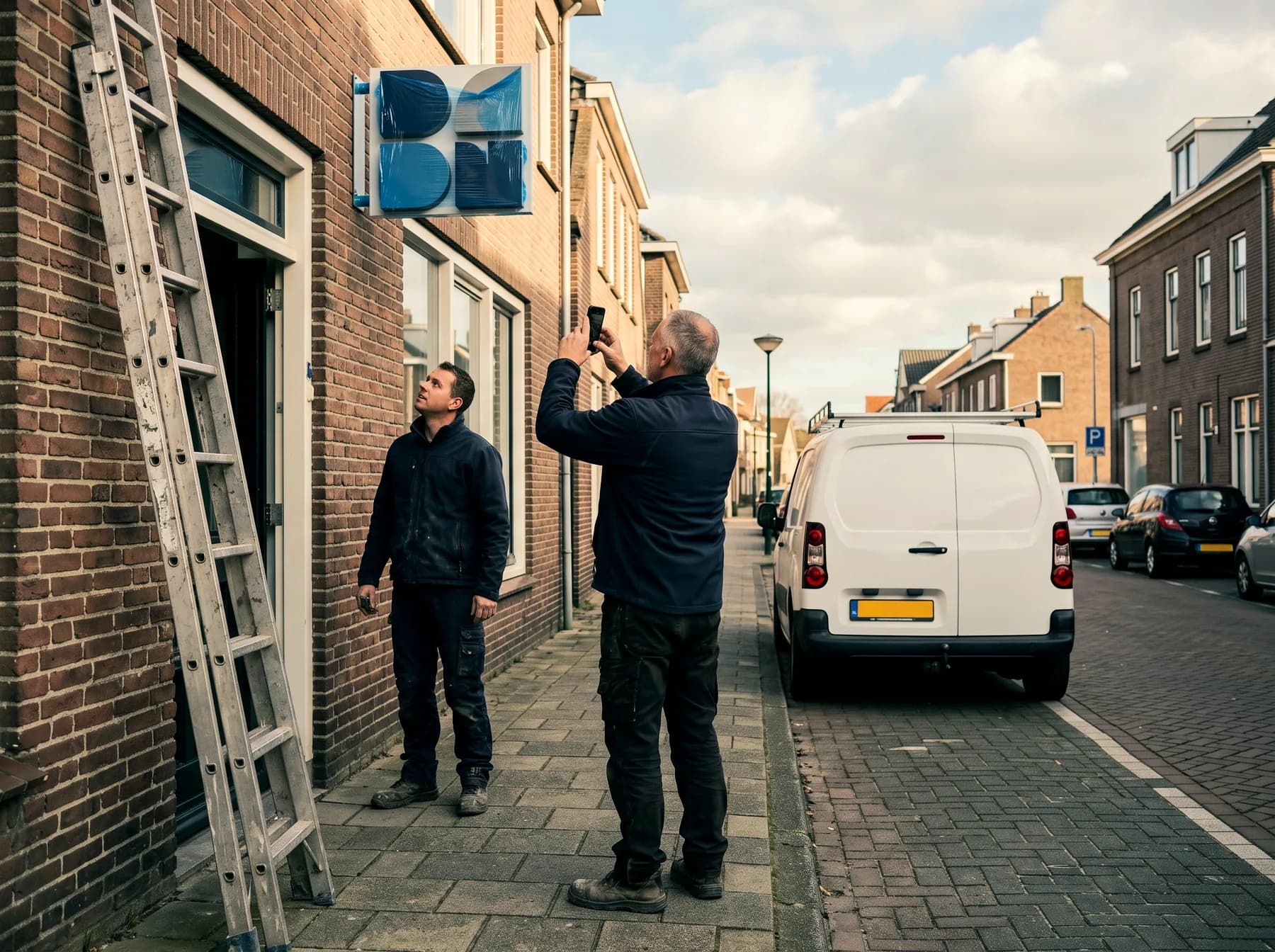 Monteur fotografeert met zijn telefoon de net gemonteerde letters