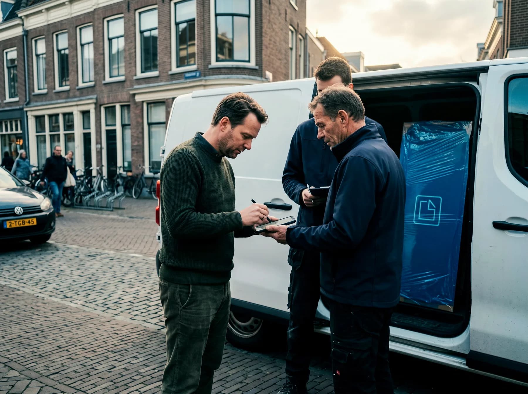 Klant zet met een vinger een handtekening op de telefoon van de monteur