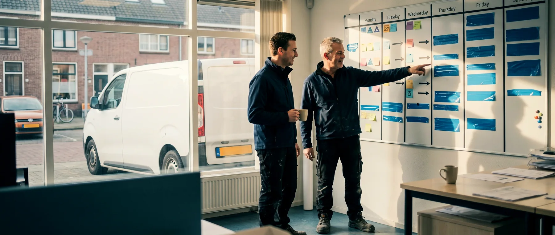 Twee collega's zetten de week uit op het planbord, met de werkplaats en de bus achter zich
