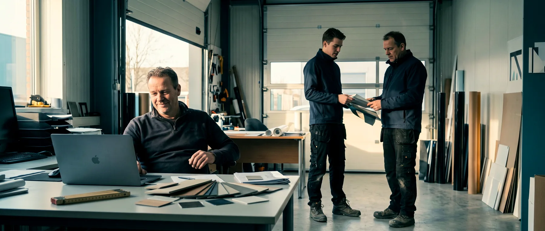Ondernemer rekent een prijs uit aan zijn bureau, met materiaalmonsters naast de papieren