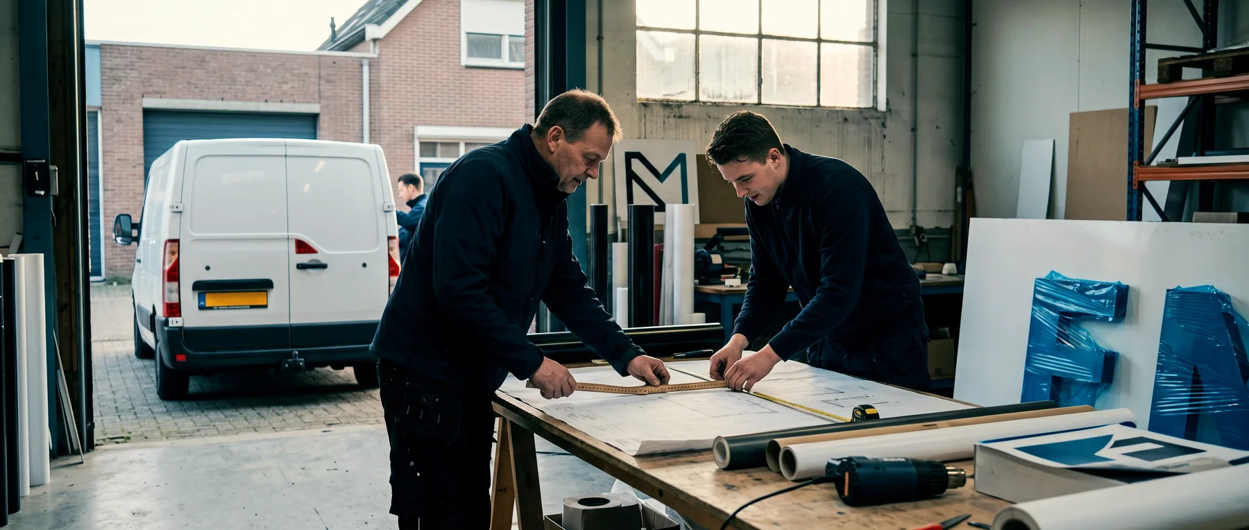 Twee mannen meten met een rolmaat een werktekening op de werkbank, bestelbus in de open deur van de werkplaats