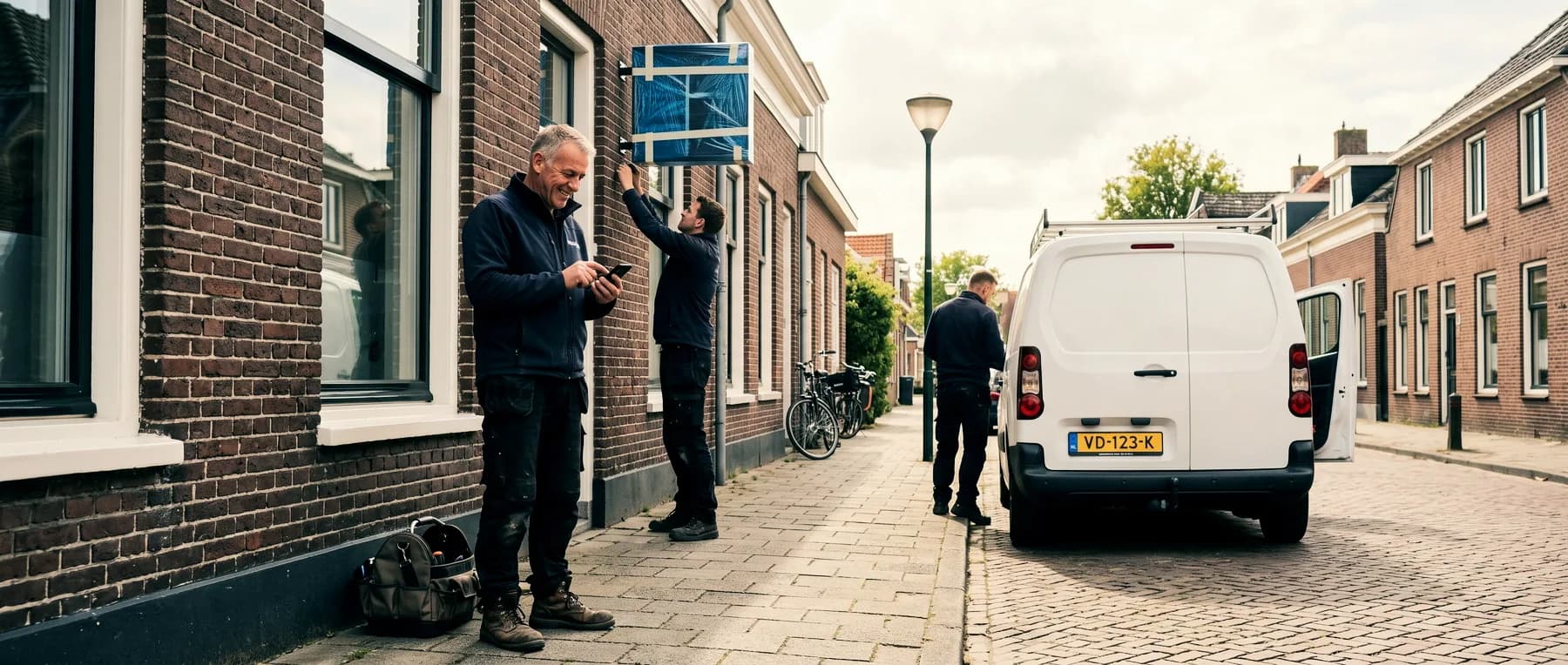 Monteur kijkt bij de gevel op zijn telefoon, gereedschapstas naast zich en de bus erachter