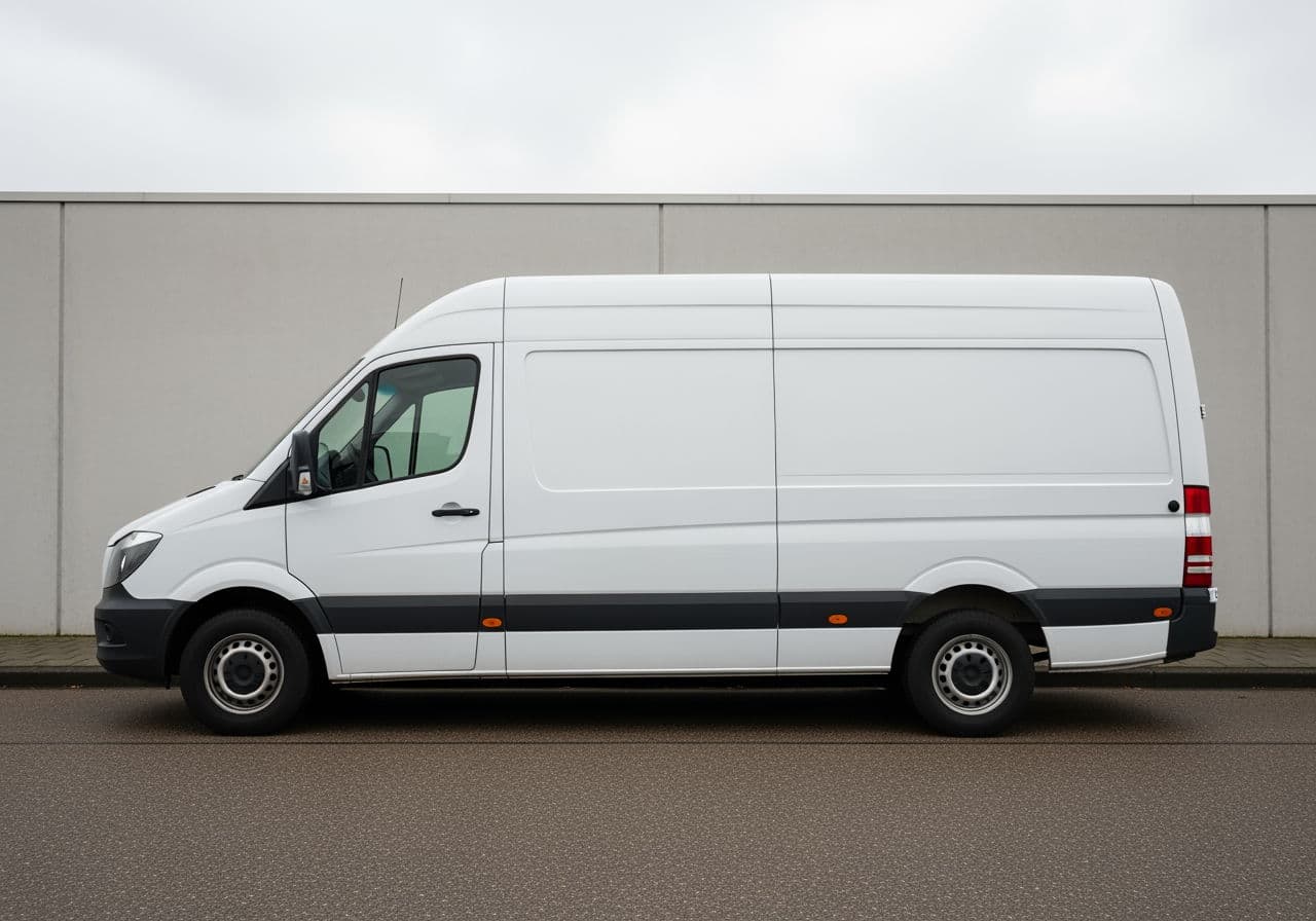 Witte bestelbus van opzij voor een grijze muur